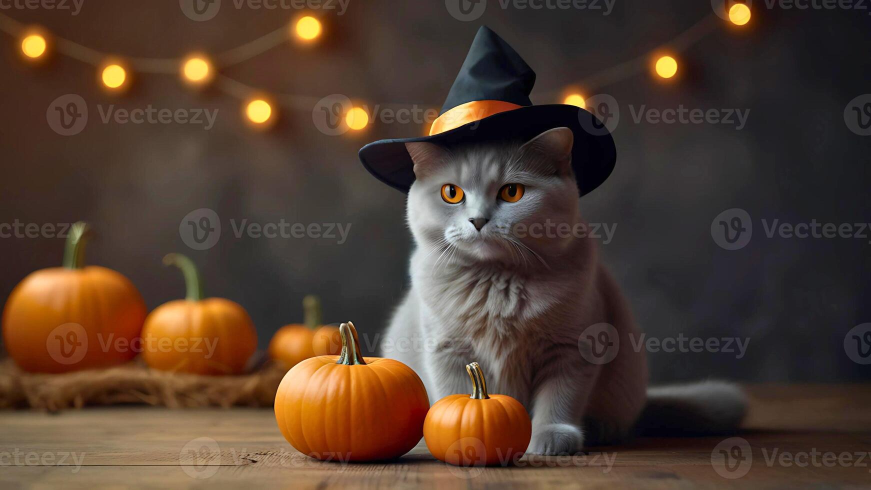 Chunky grey cat in black witch hat posing with pumpkins on wooden floor. Selective focus, bokeh in the background with copy space. Happy Halloween concept photo