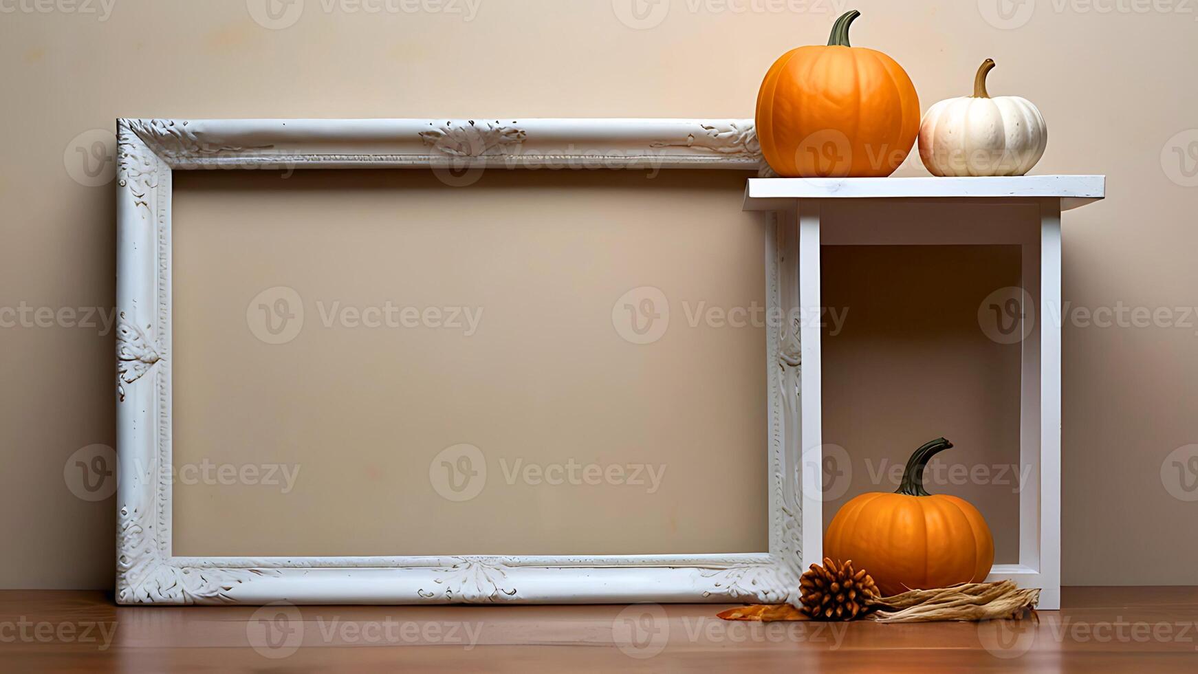 Autumn composition background with Halloween pumpkins and photo frame on wooden floor. 3d rendering mockup with copy space