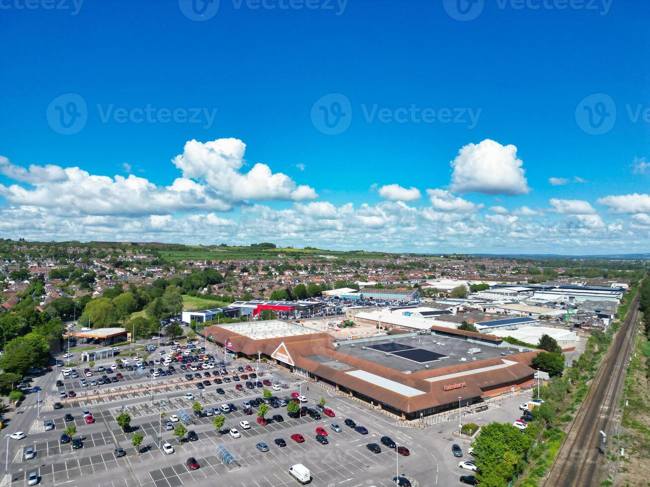 High Angle View of Portsmouth City Centre Located at Beach and Docks of England United Kingdom. Image Was Captured with Drone's Camera on May 15th, 2024. photo