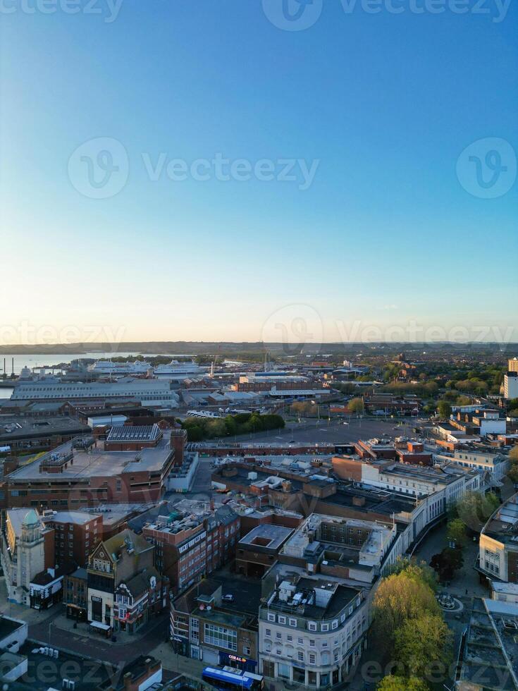 High Angle View of Portsmouth City Centre Located at Beach and Docks of England United Kingdom. Image Was Captured with Drone's Camera on May 15th, 2024. photo