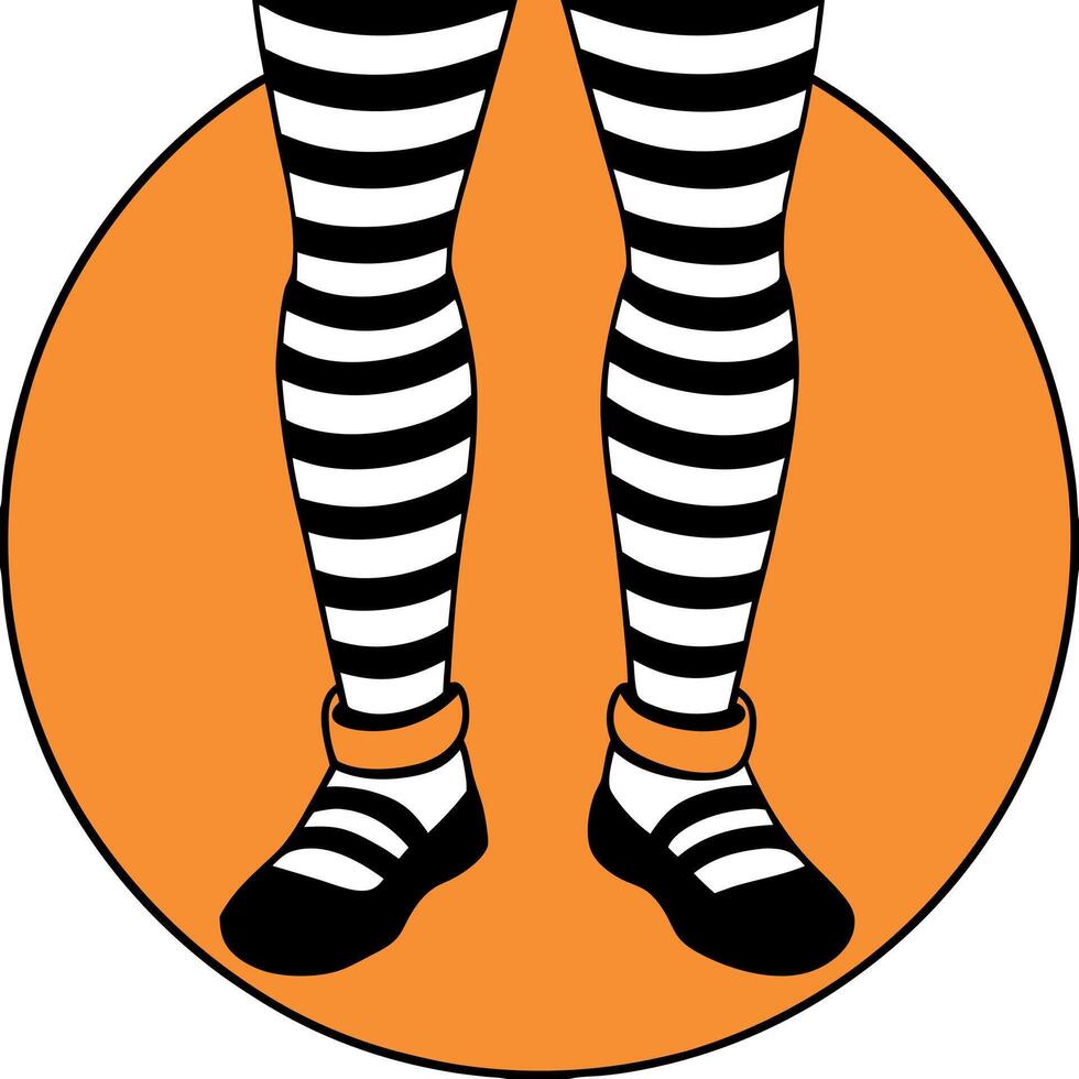 Close up of witches legs wearing orange and black striped tights against an orange background vector