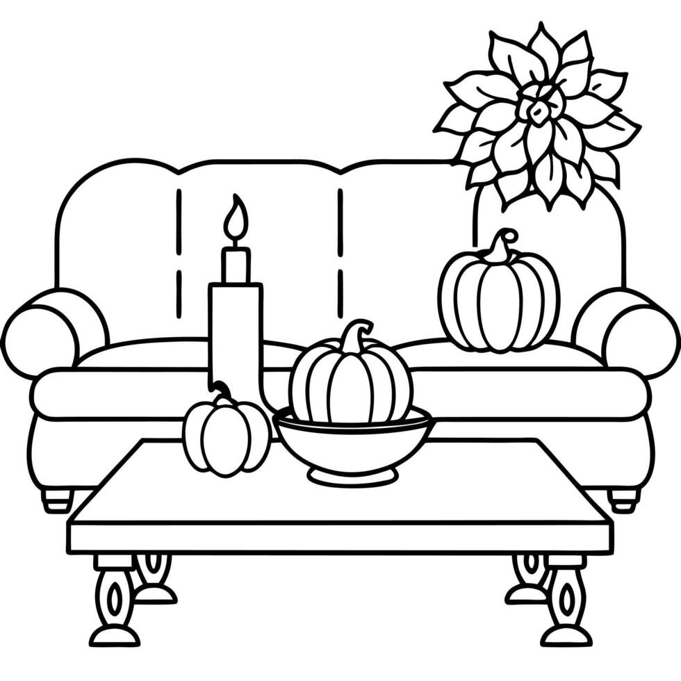 Classic living room with sofa and table setting decorated with pumpkins and flowers for thanksgiving day. AI vector