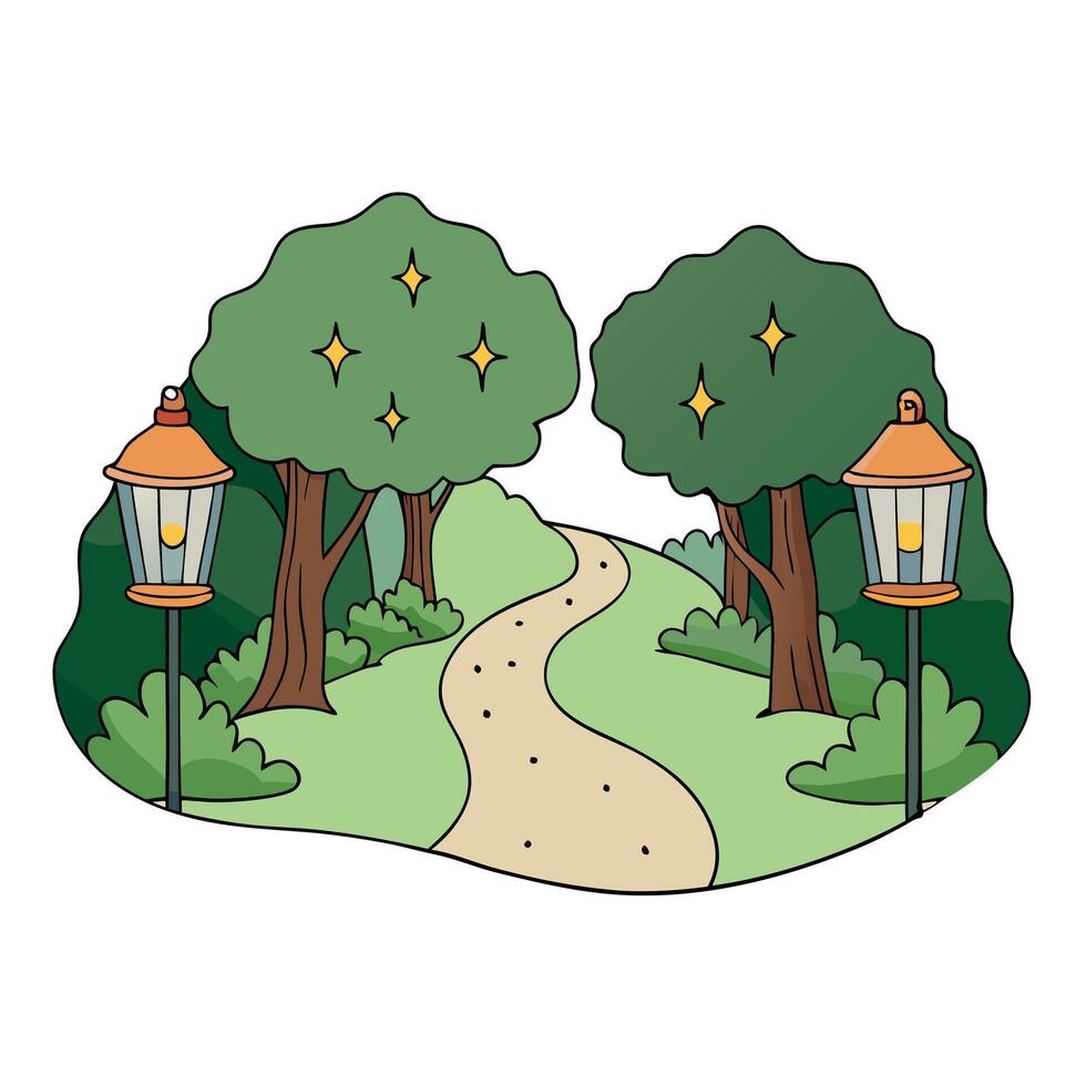 Enchanting forest path with glowing lanterns and fireflies. Magical nature scene. vector