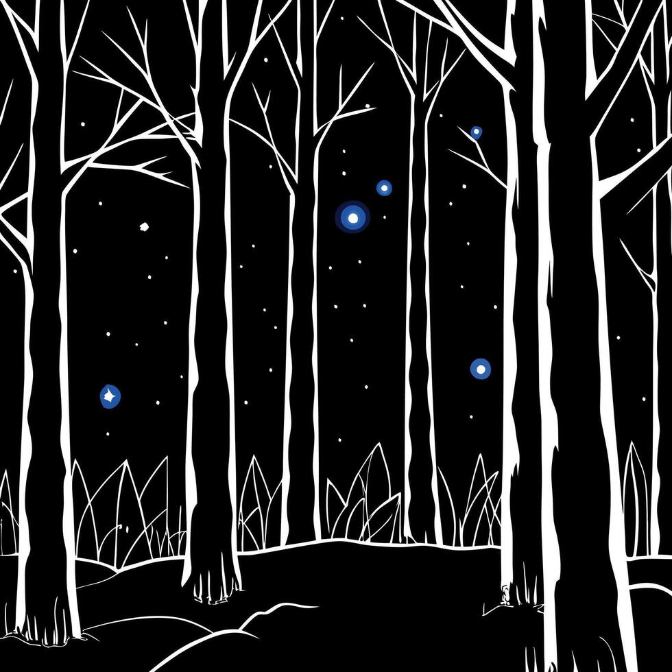 Dark woods halloween background forest at night with blue moonlight shining through the trees and tiny amber fireflies. vector