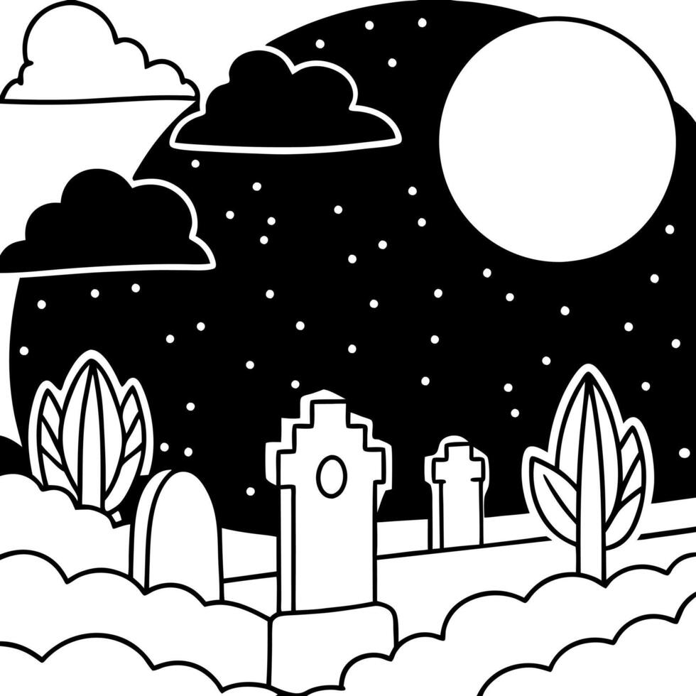Graveyard In The Haunting Night. Dark Moon In A Cemetery's Cloudy Sky. vector