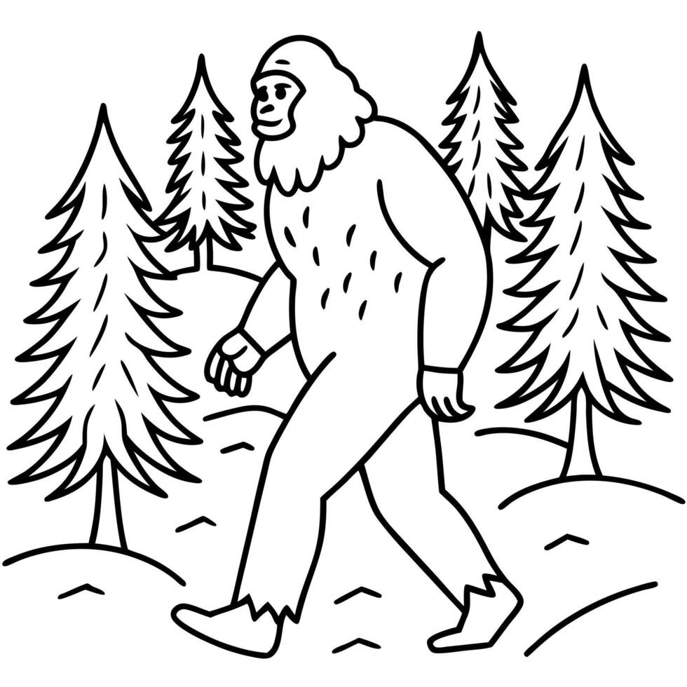 Black and white drawing of Bigfoot walking through the forest vector