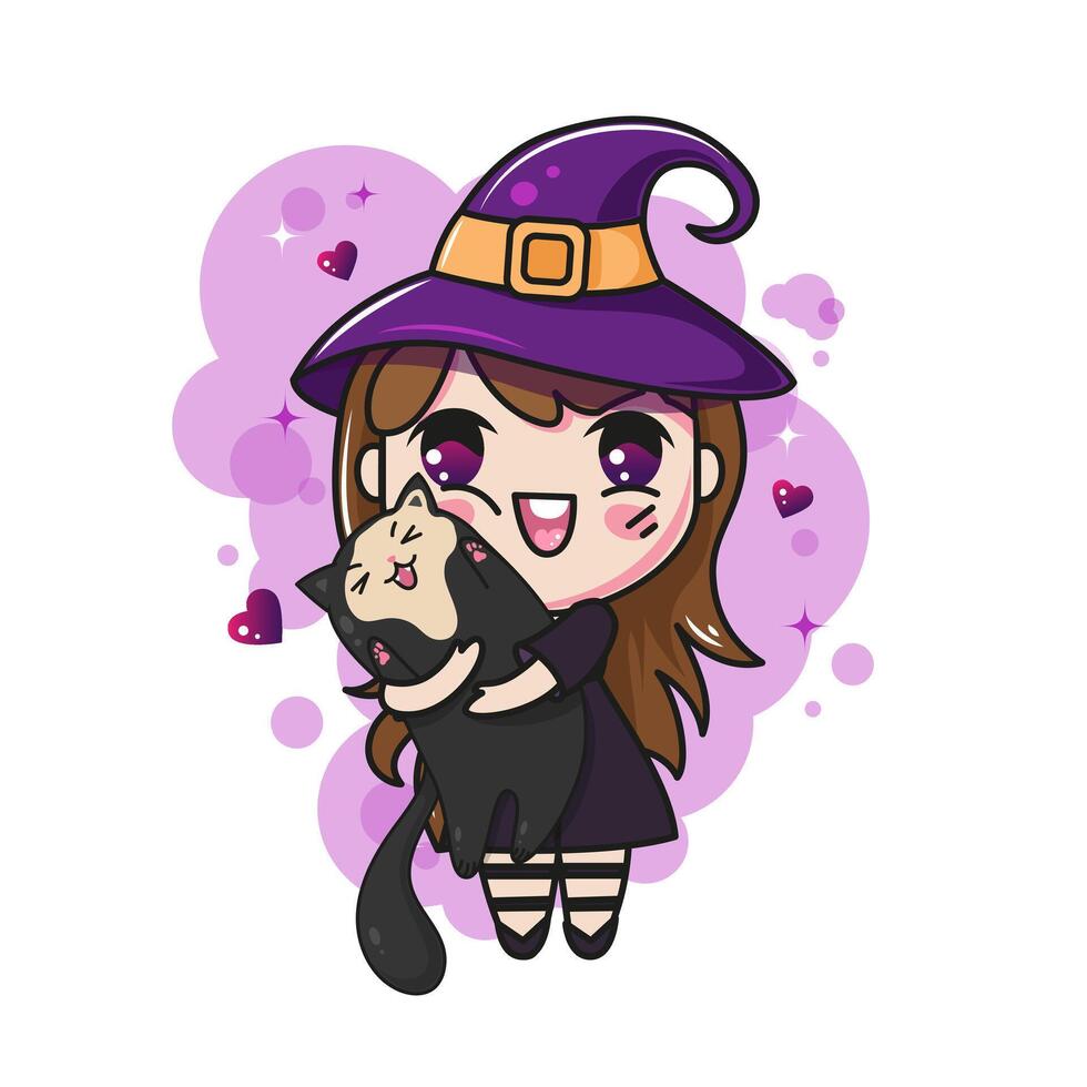 kawaii witch with magic cat. Halloween characters. vector