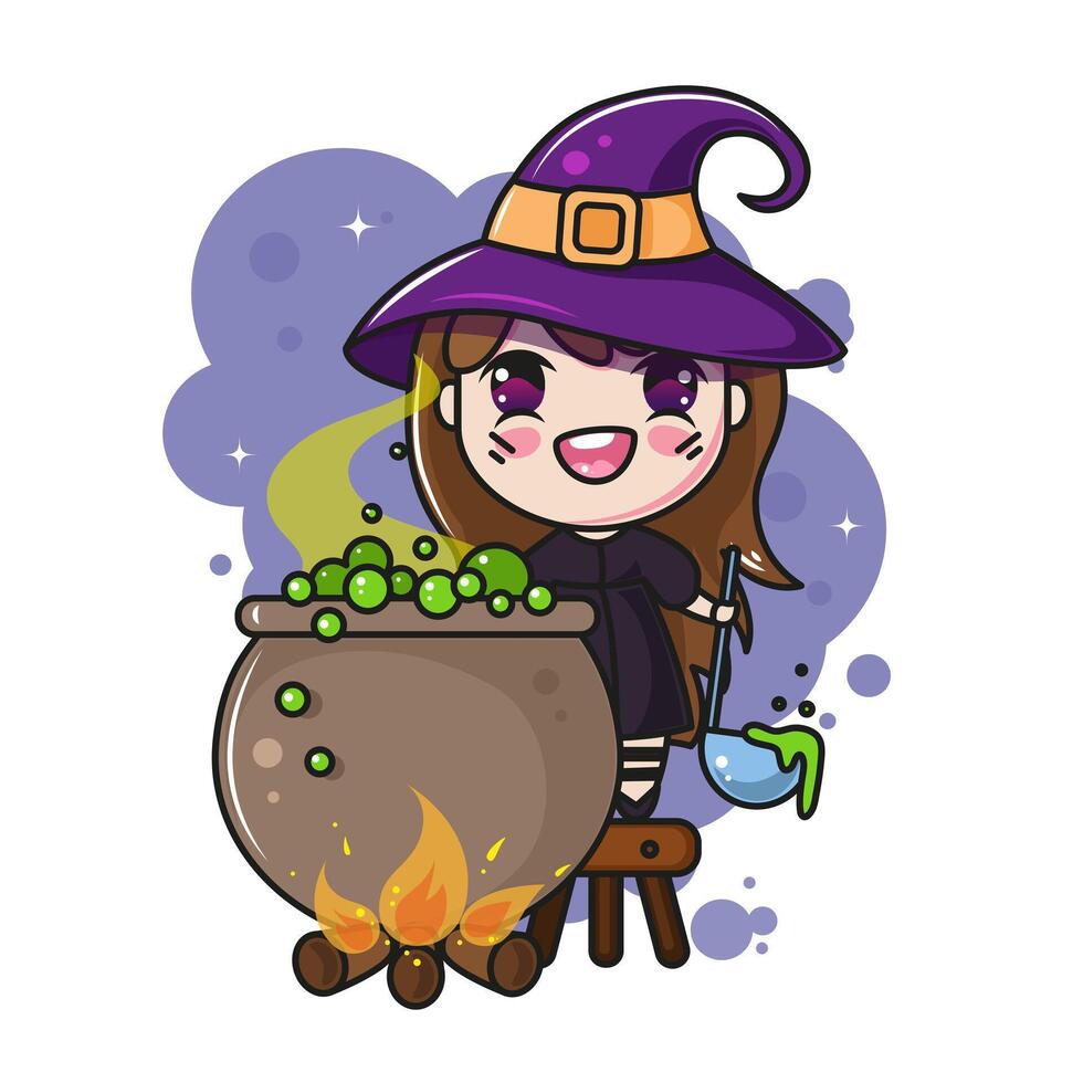 little witch brews a magic potion in a cauldron. Halloween kawaii character vector