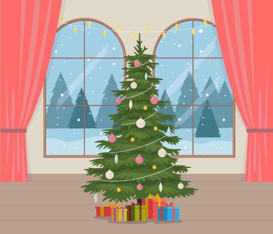 room with big windows and winter landscape, Christmas tree. Beautiful Christmas background. Element of New Year poster, card, decorative element. vector