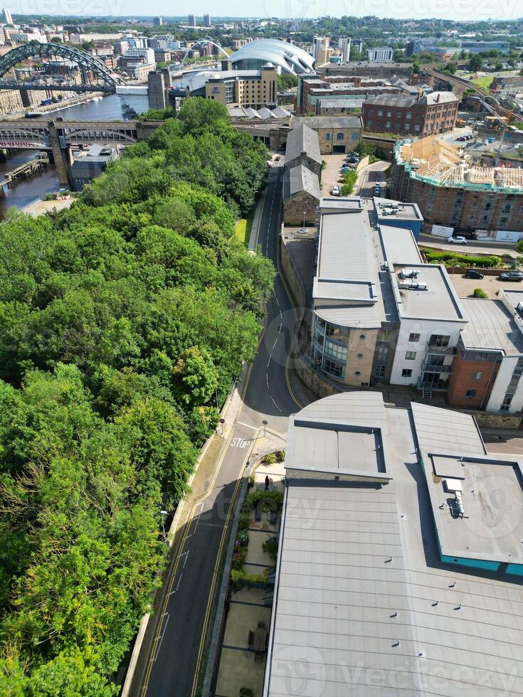 Aerial View of Central Newcastle City from River Tyne at Northern England United Kingdom. July 19th, 2024, Drone's Camera Footage. photo