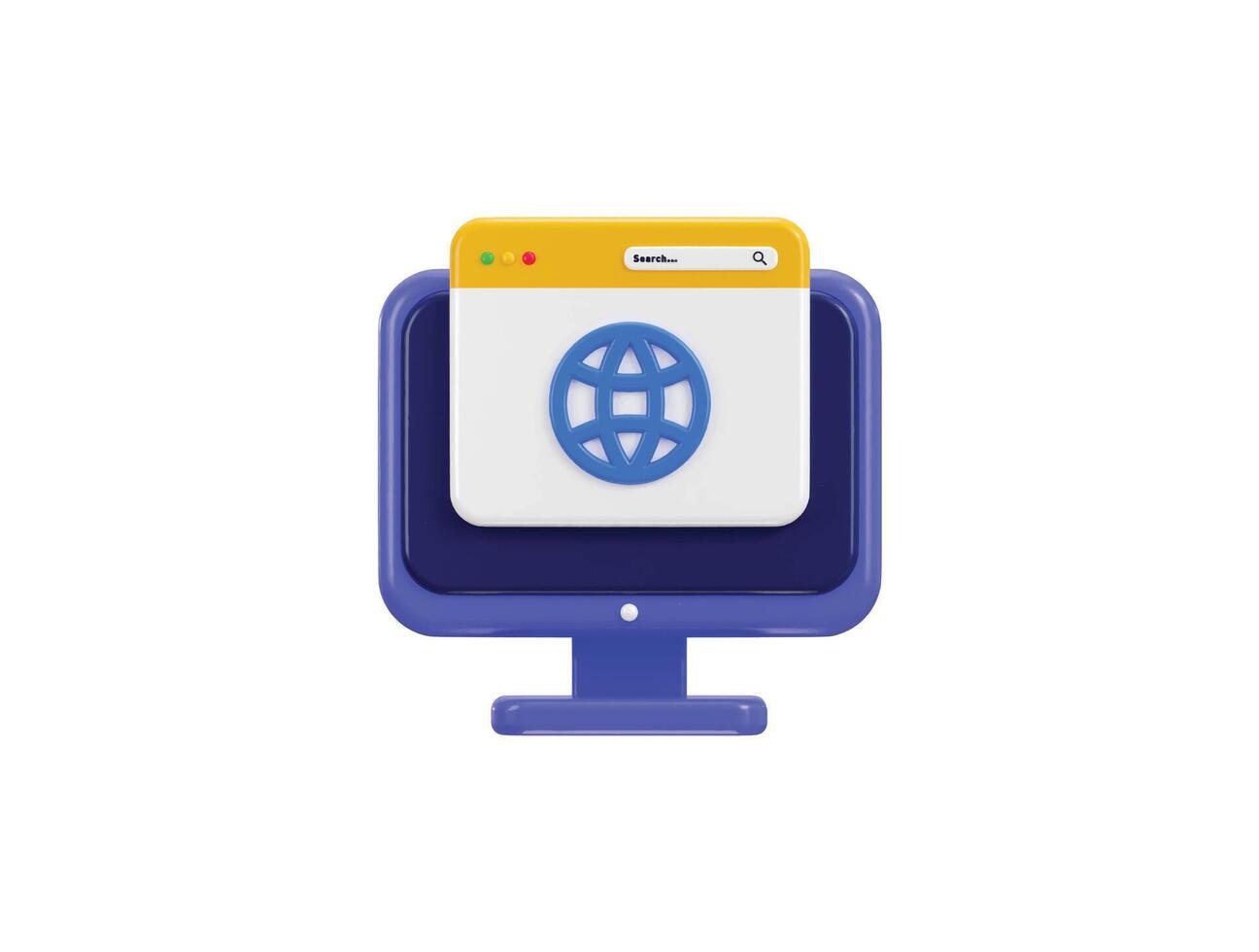 Monitor with webpage and world wide web symbol Internet globe icon 3d render vector