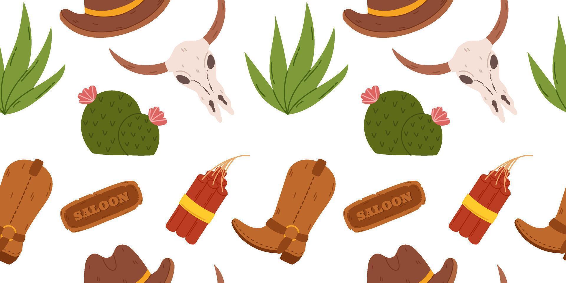 Seamless cowboy themed pattern, boots, hats, bull skulls, cacti, saloon signs, dynamite, and desert plants. Ideal for textiles, wallpapers, and decorations inspired by Wild West vector