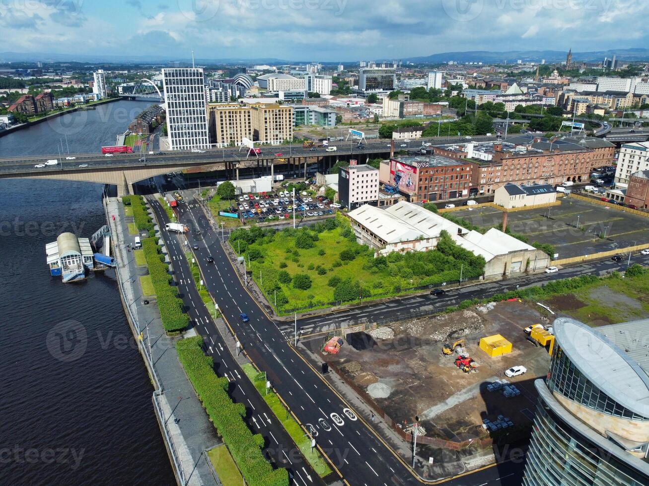 Aerial View of Buildings at Central Glasgow city of Scotland From River Clyde, Great Britain. June 5th, 2024 photo