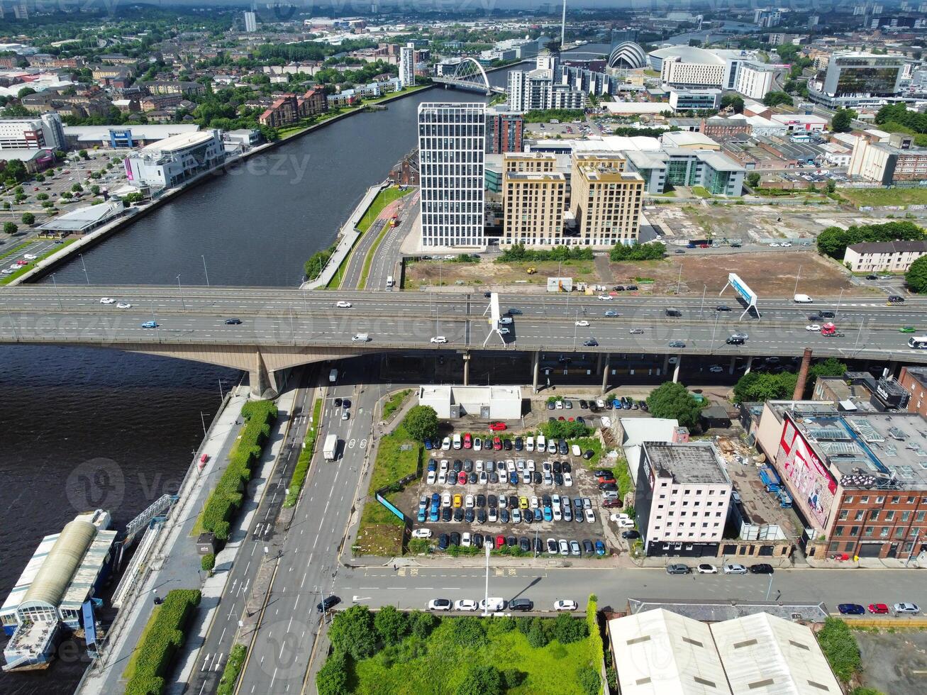Aerial View of Buildings at Central Glasgow city of Scotland From River Clyde, Great Britain. June 5th, 2024 photo