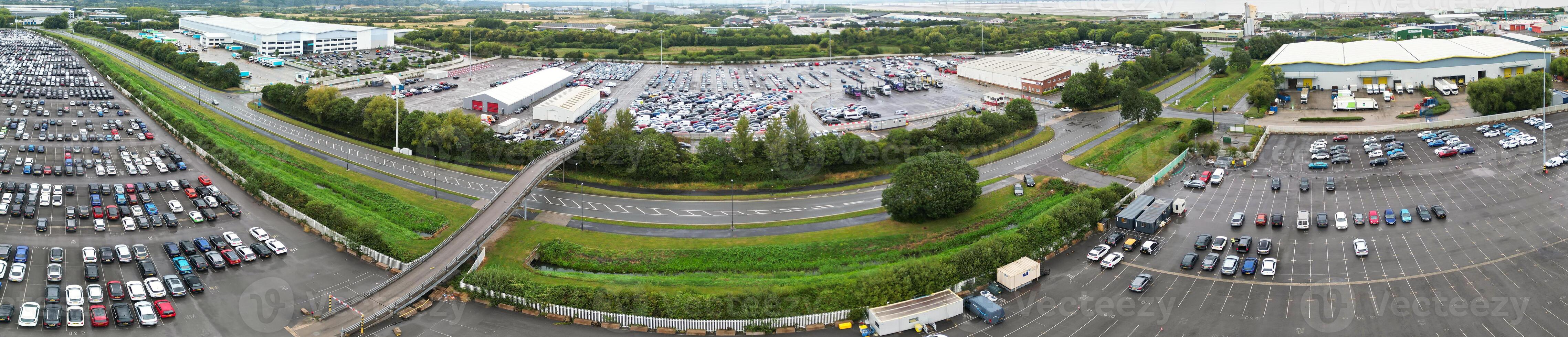 Aerial Ultra Wide Angle Panoramic View of Sea Port and Docks at Avonmouth Bristol City of England United Kingdom During Cloudy Day of August 24th, 2024 photo