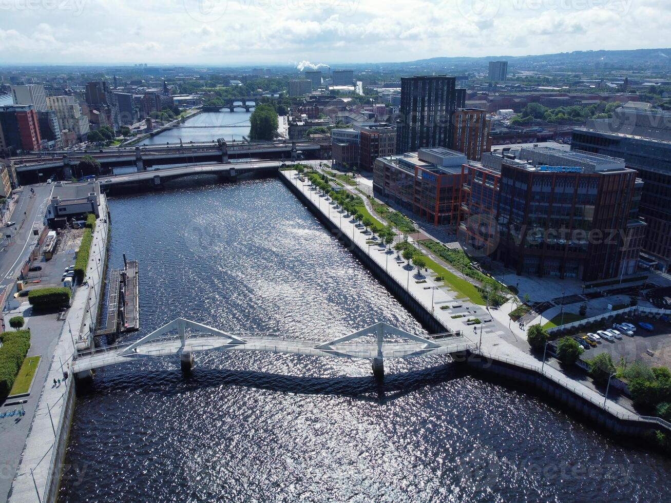 Aerial View of Buildings at Central Glasgow city of Scotland From River Clyde, Great Britain. June 5th, 2024 photo