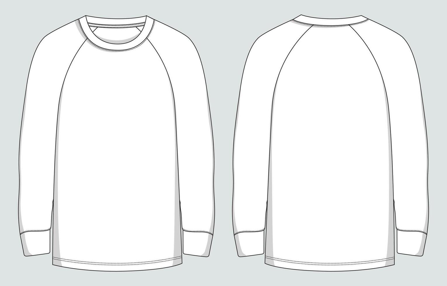 Long sleeve raglan t shirt technical drawing template front and back views vector