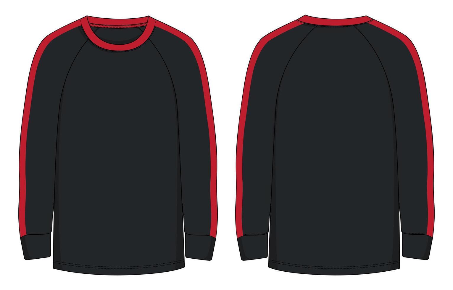 Long sleeve black color t shirt template with red strips on sleeve isolated on white background. vector