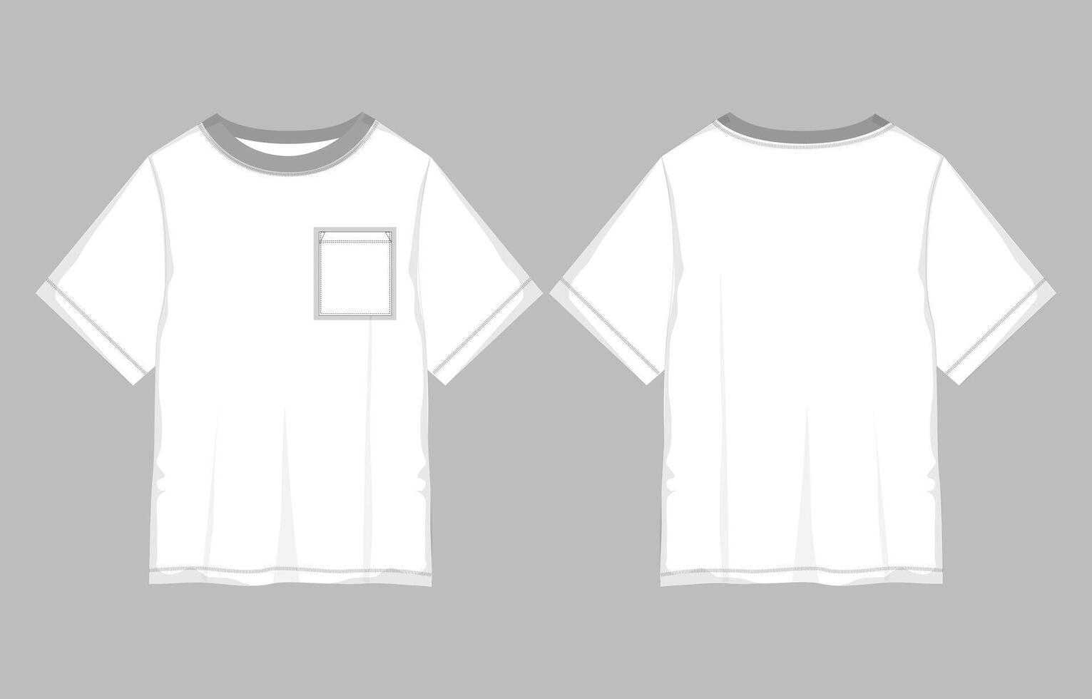 Short sleeve t shirt with pocket technical drawing template front and back views. vector