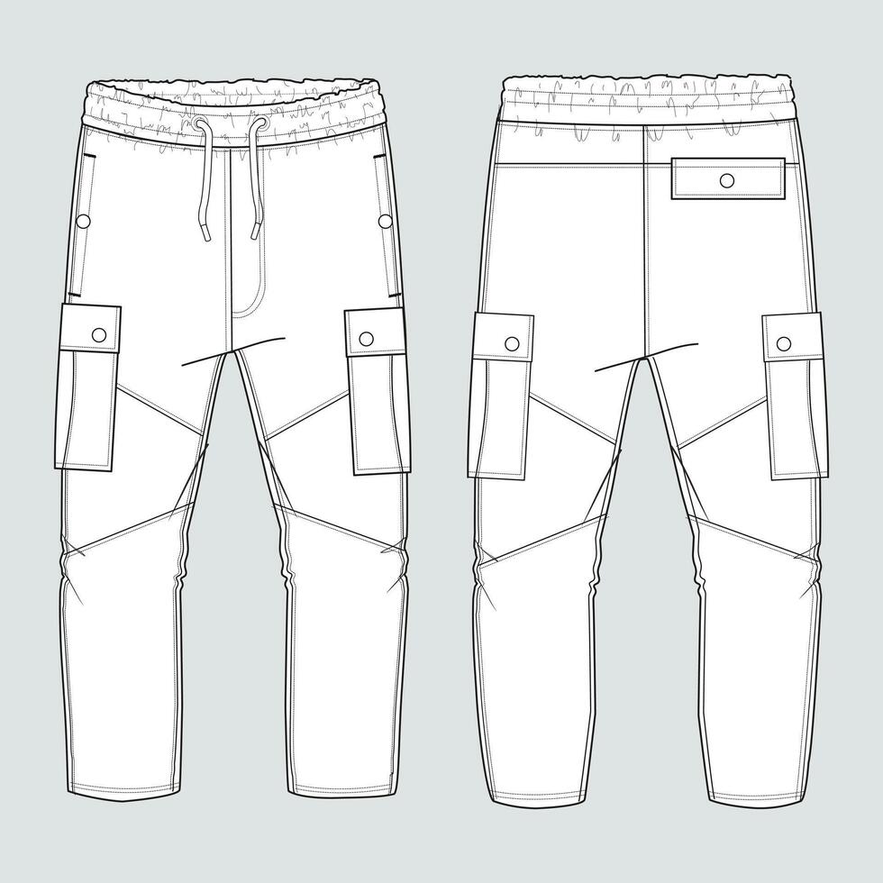 Sweatpants technical drawing fashion flat sketch template front and back views vector