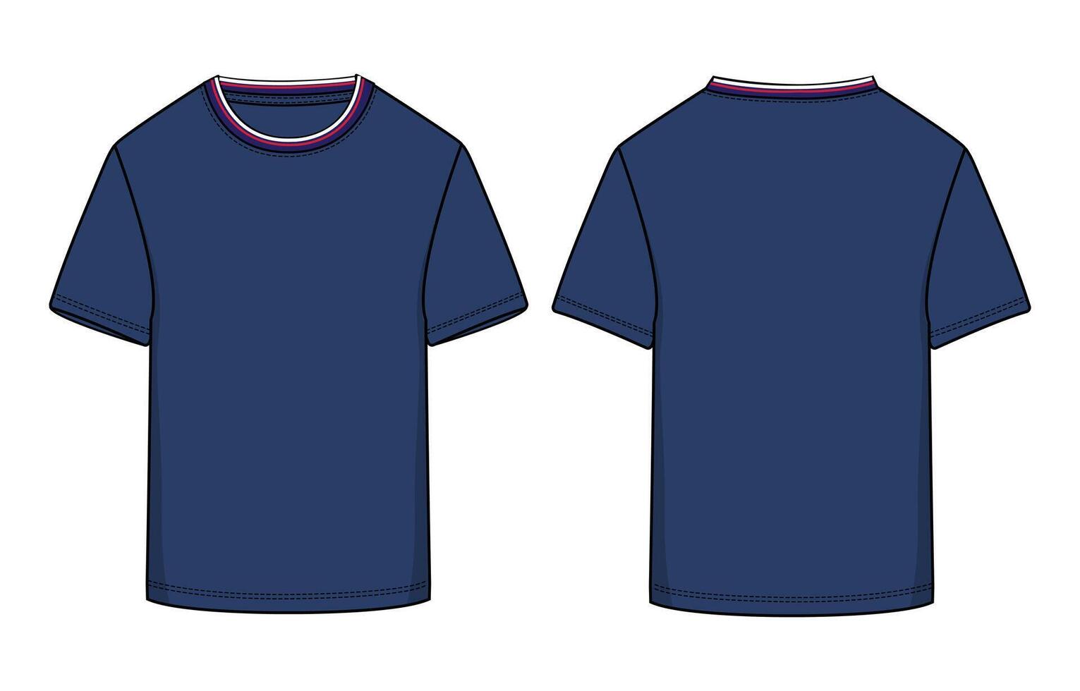 Blue color t shirt front and back with white and red color stripes on neck isolated on white background vector