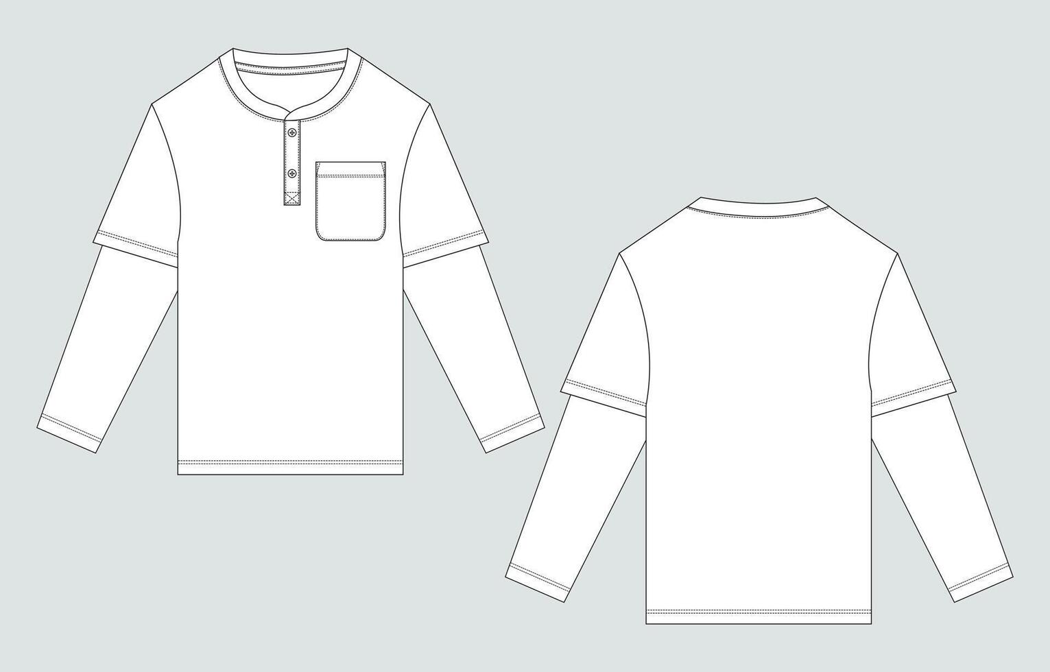 Long sleeve with Pocket t shirt technical drawing template front and back views vector