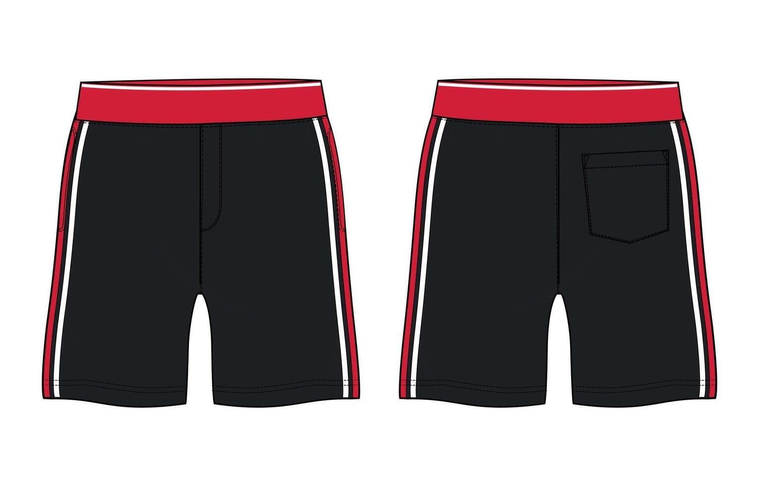 Black Sweat shorts pant front and back with red and white stripes isolated on white back vector