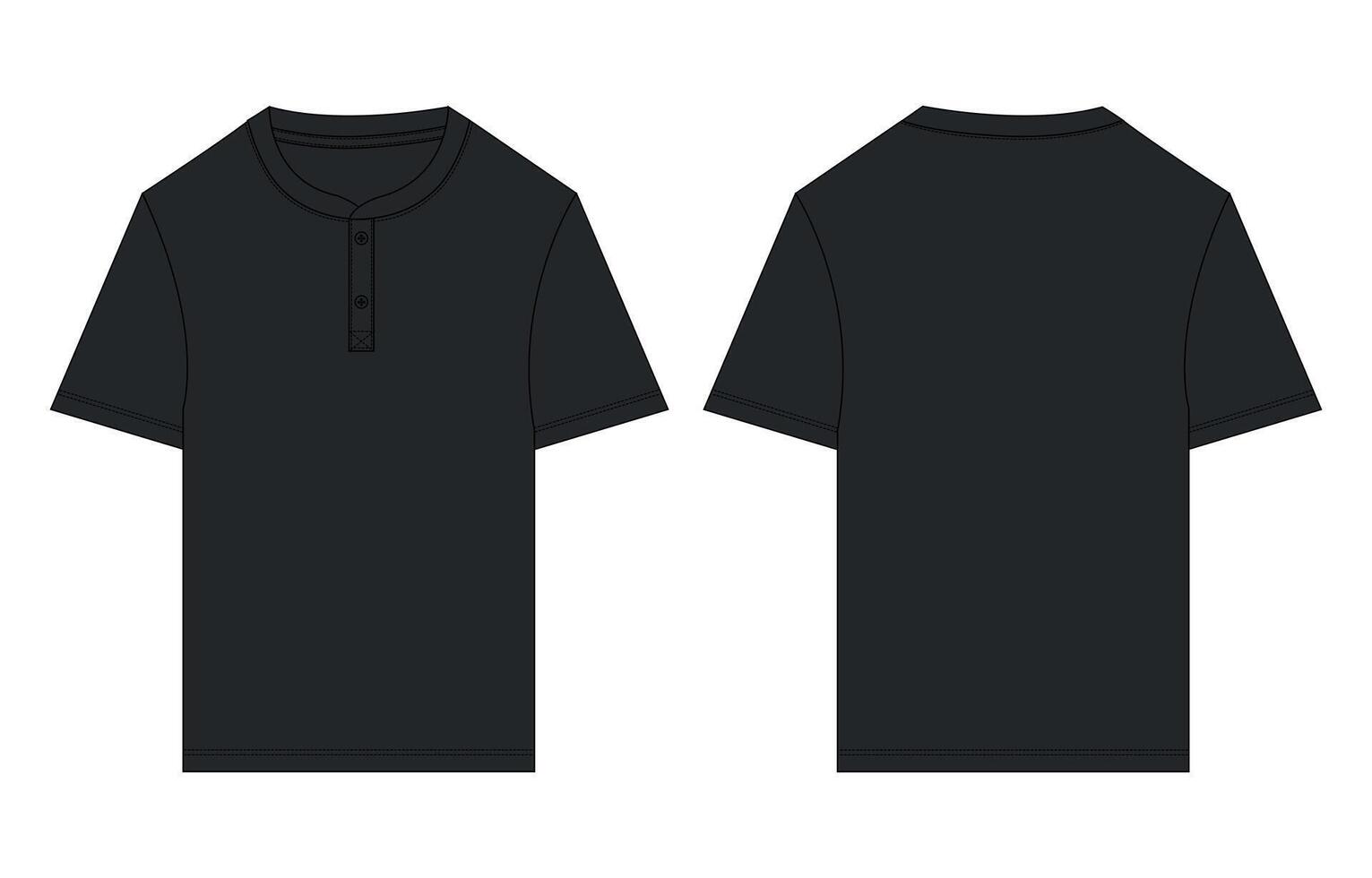 Short sleeve black color t shirt template with round neck and button front and back views isolated on white background. vector