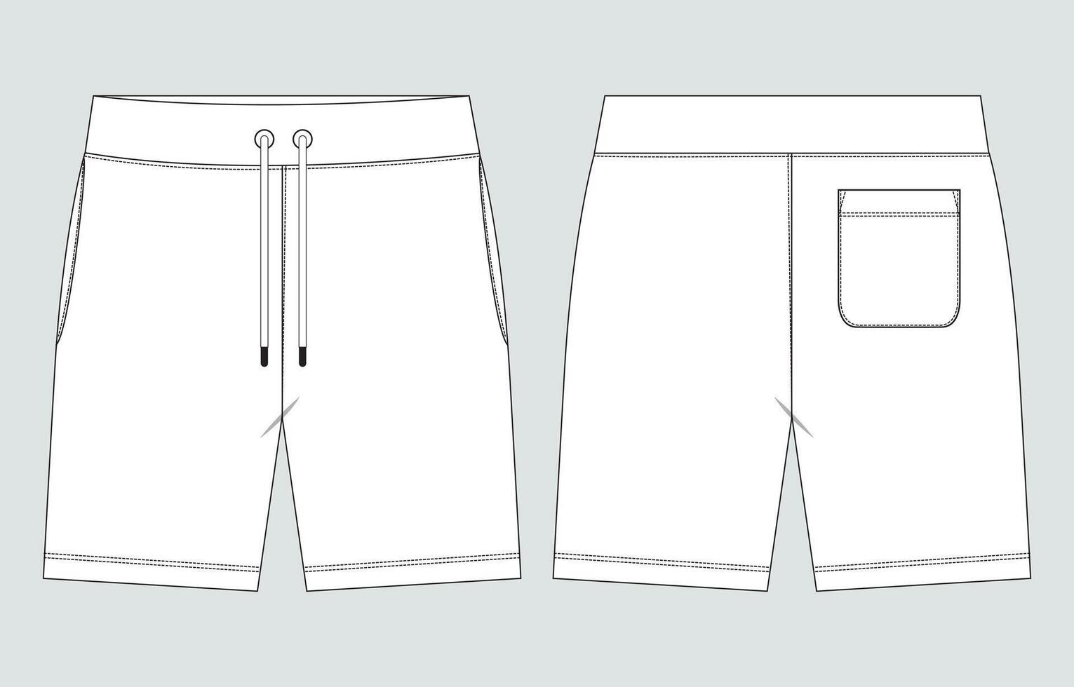 Sweat shorts pant side and back pocket technical drawing fashion flat sketch template front and back views. vector