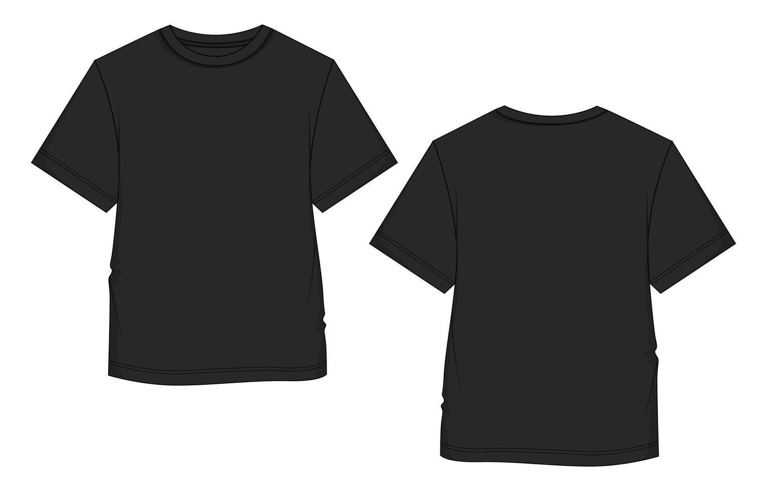 Short sleeve black color t shirt template front and back view isolated on white background vector