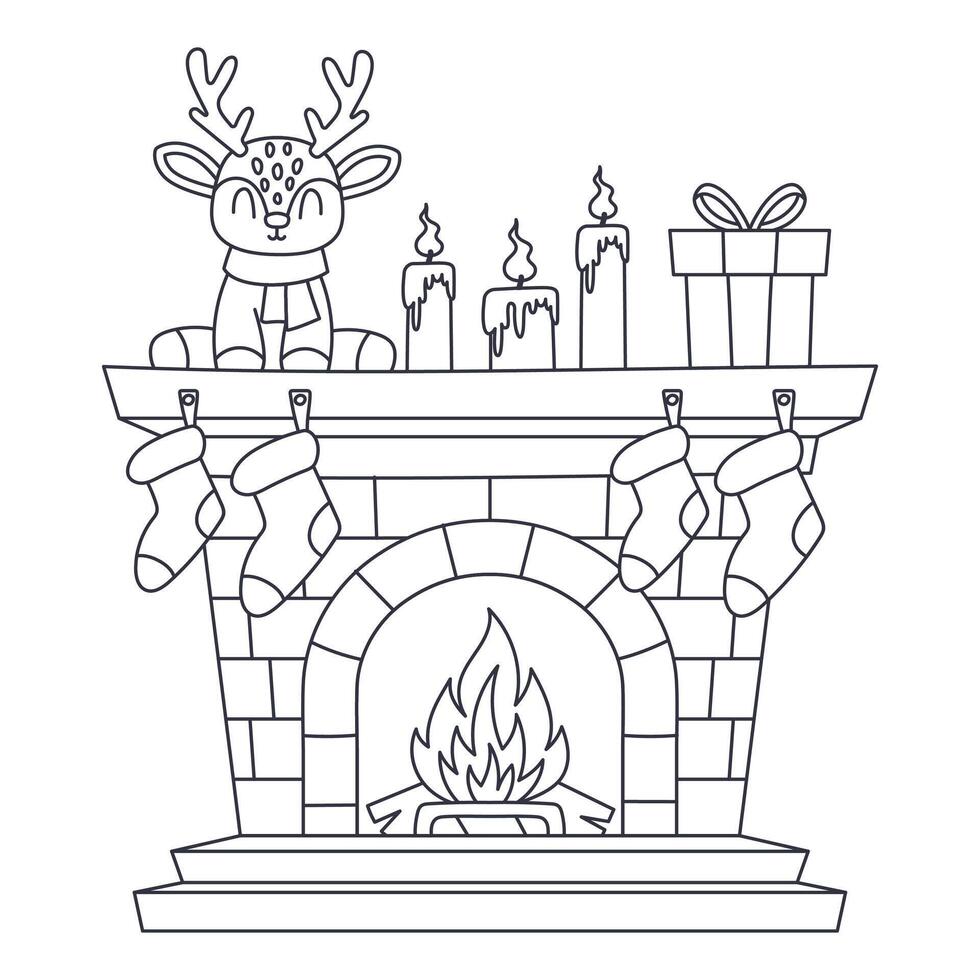 Christmas fireplace in line art style. On white background vector