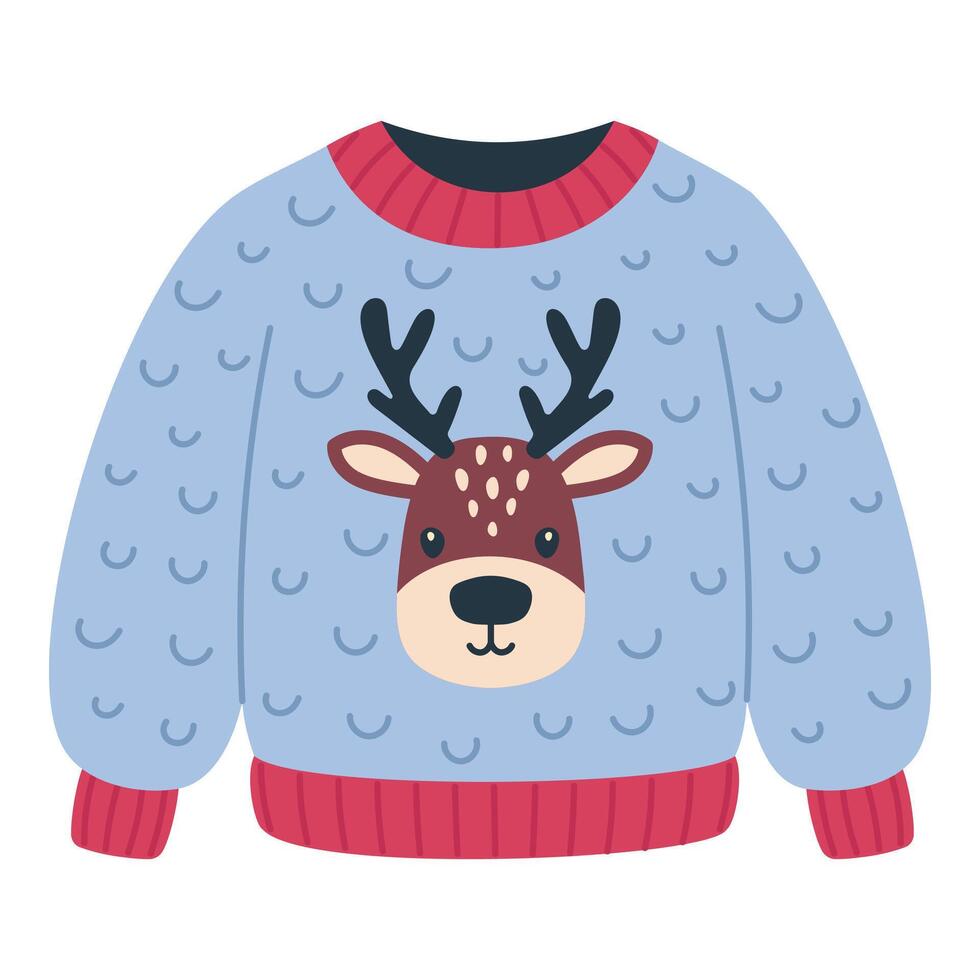 Cozy knitted sweater with a deer, hand drawn. Isolated object on a white background vector