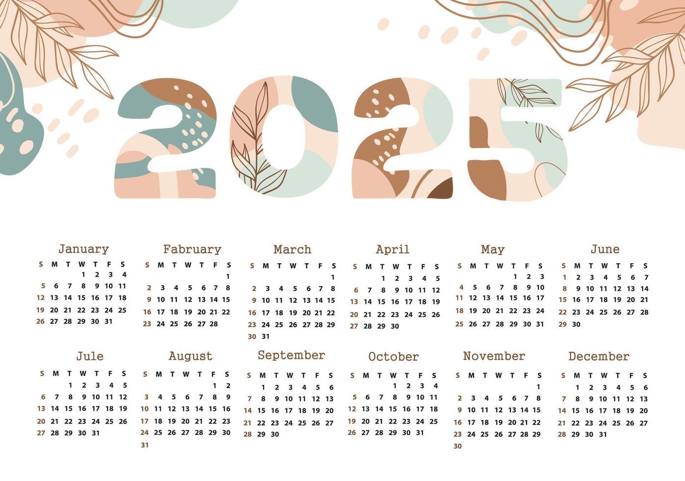 Calendar 2025 starting from Sunday. Various shapes and doodle objects. Modern art. Minimalist shapes. Geometric trendy illustrations. vector