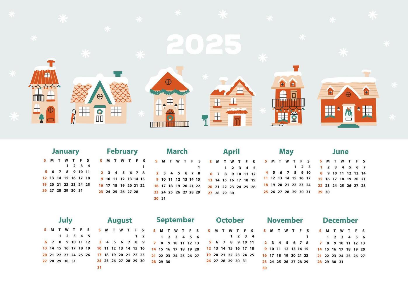 Calendar 2025 starting from Sunday. illustrations. vector