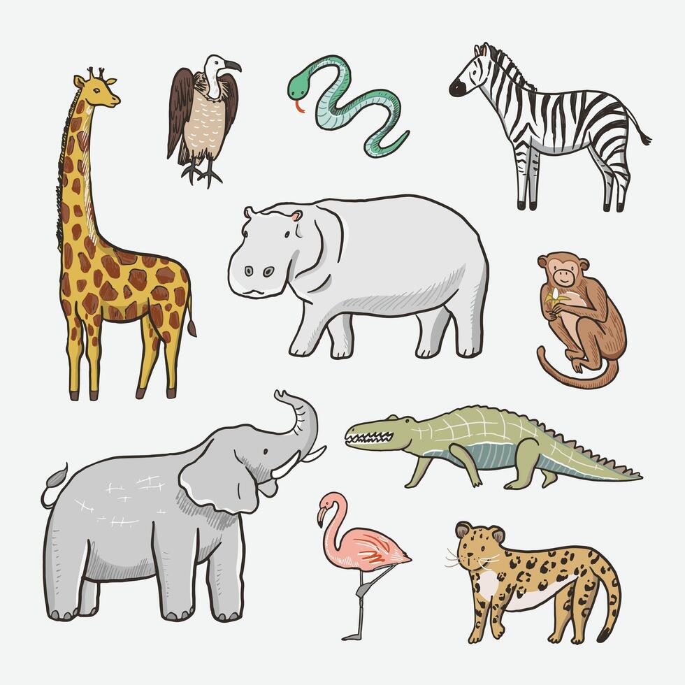 set of hand drawn doodle cartoon animals. vector