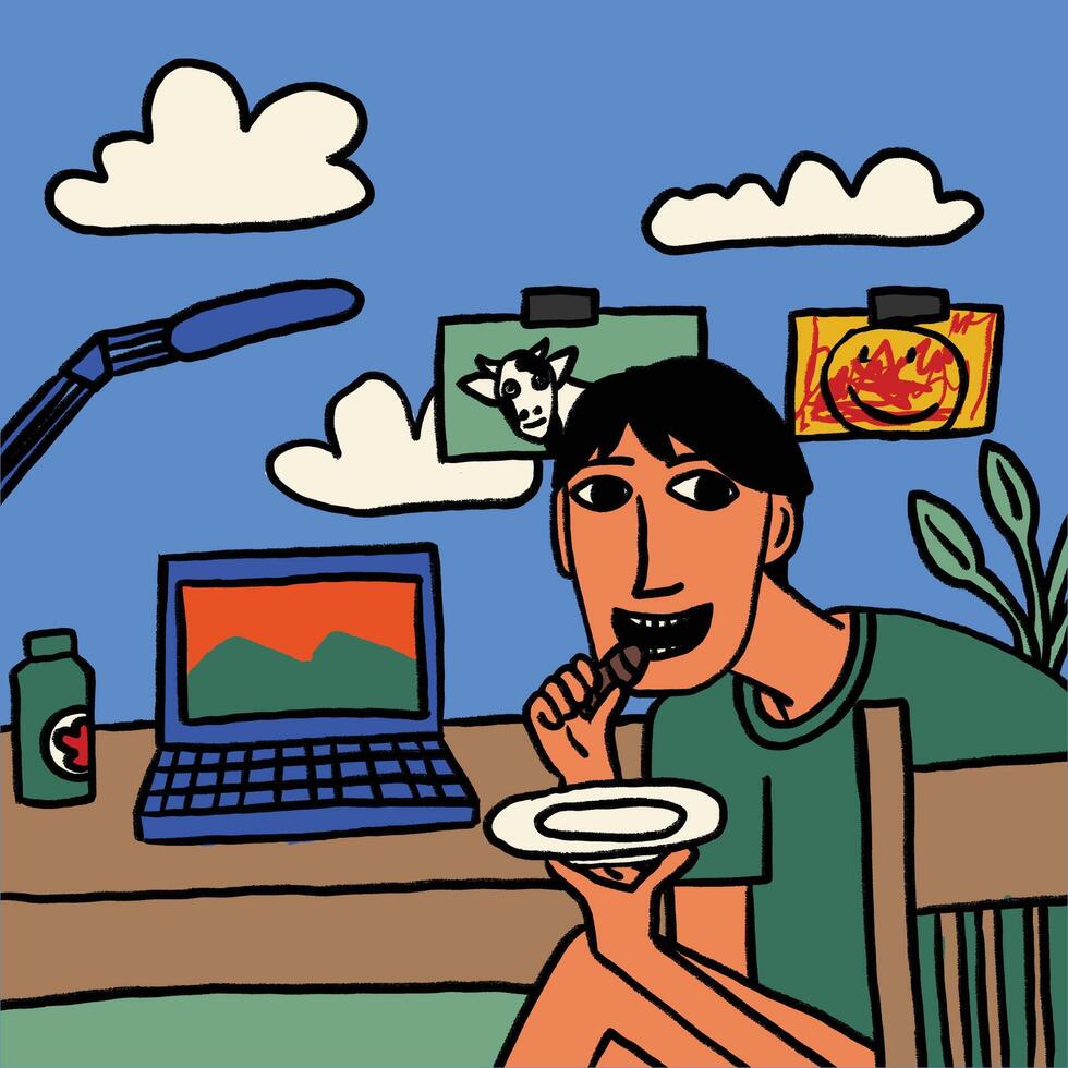 children drawing of a man eating in front of a work desk illustration vector