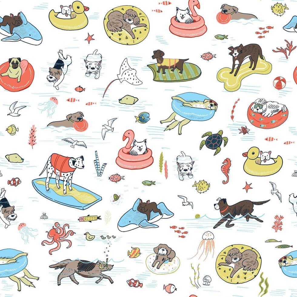 Funny dogs in the swimming pool seamless summer pattern. vector