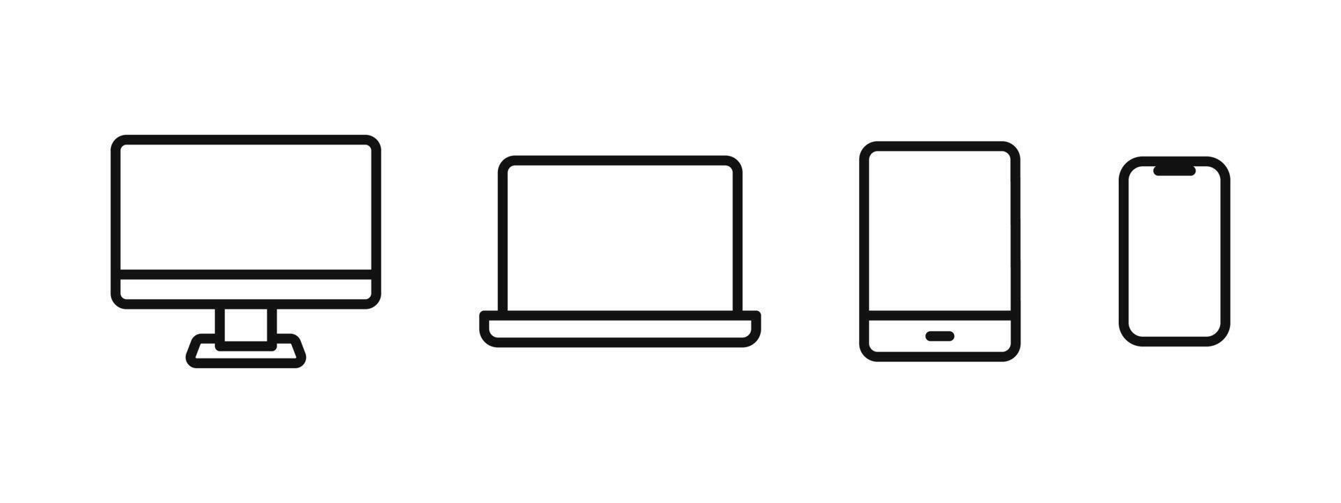 Devices icon set. Computer, laptop, tablet and phone pictogram collection. Responsive display symbol. Electronic devices sign. Monitor screen outline pictogram. Display illustration set. vector