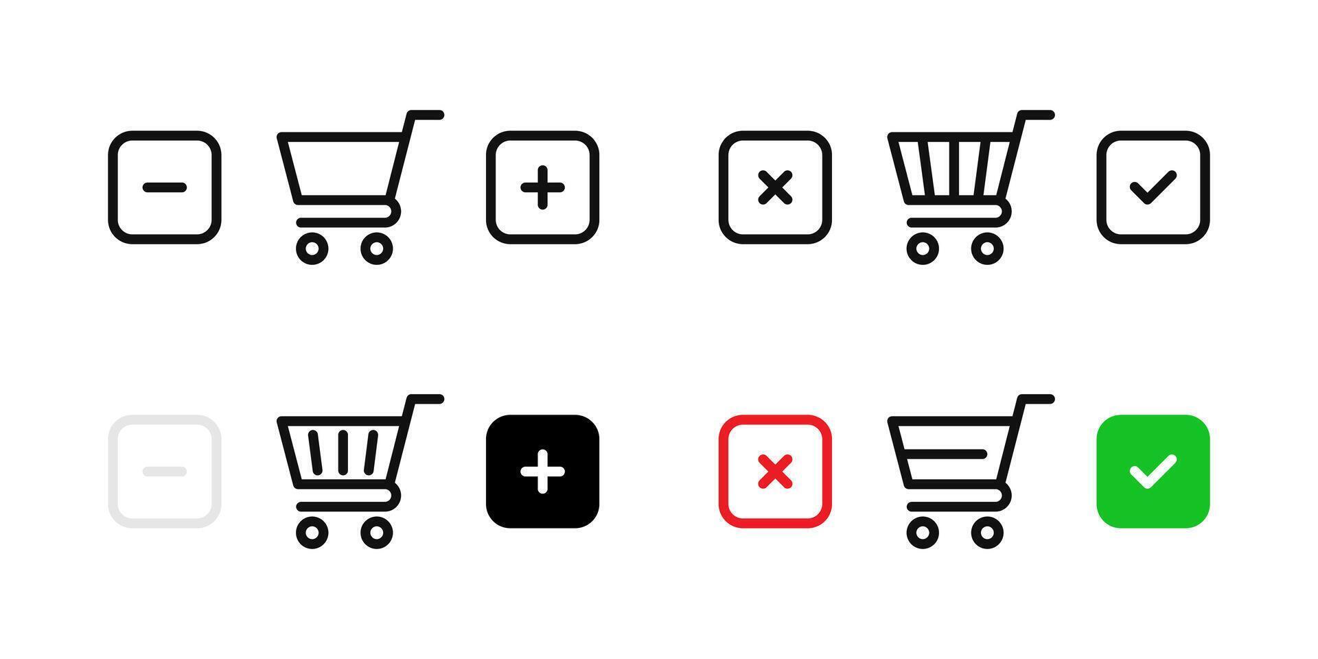 Add to cart icon. Remove from cart symbol. Edit quantity of goods button. Shopping basket accept and reject sign. Online shopping basket with plus and minus pictogram. Add to cart illustration. vector