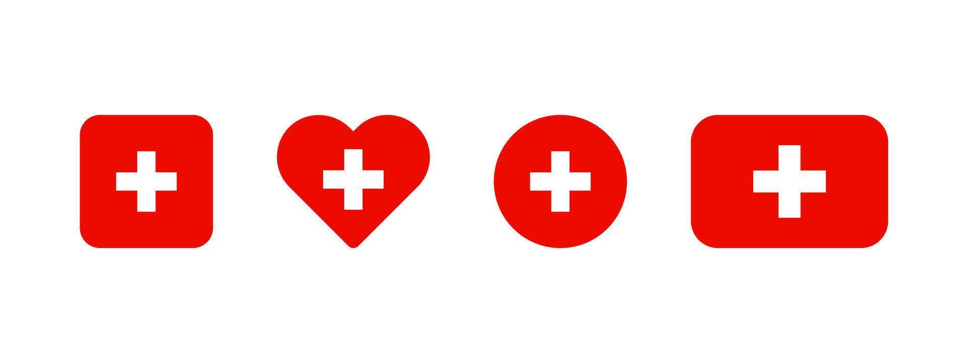 Swiss flag icon. Flag of Switzerland sign. Swiss national banner. Emblem of Switzerland. Multicolor Bern banner in four different shapes square, heart, circle and rectangle. vector
