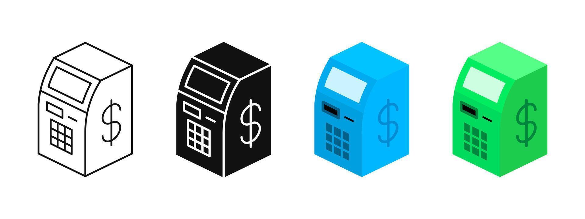 ATM machine icon. Cash machine illustration. Automated teller machine banking symbol. Money withdrawal sign. Payment terminal pictogram. Isometric ATM cash dispenser concept. vector