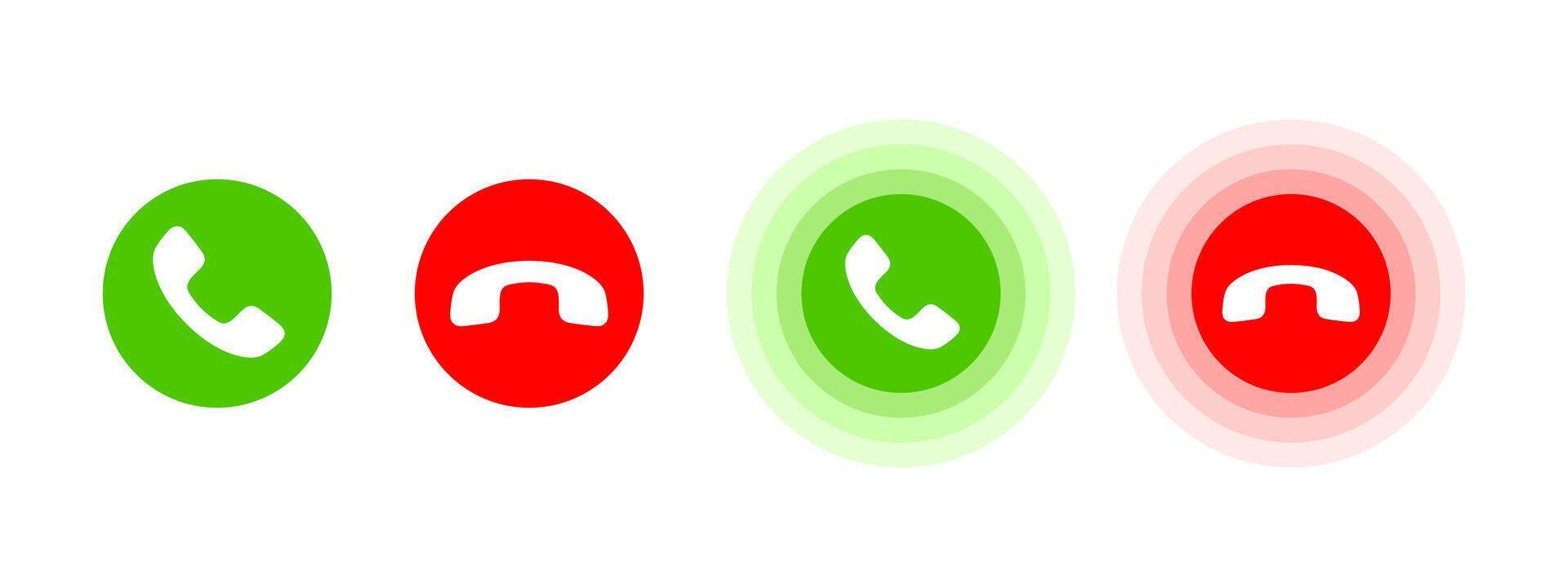 Accept and decline call icon set. Answer and reject call buttons collection. Green and red incoming call mobile interface pictogram. Round mobile phone accept and decline buttons illustration. vector