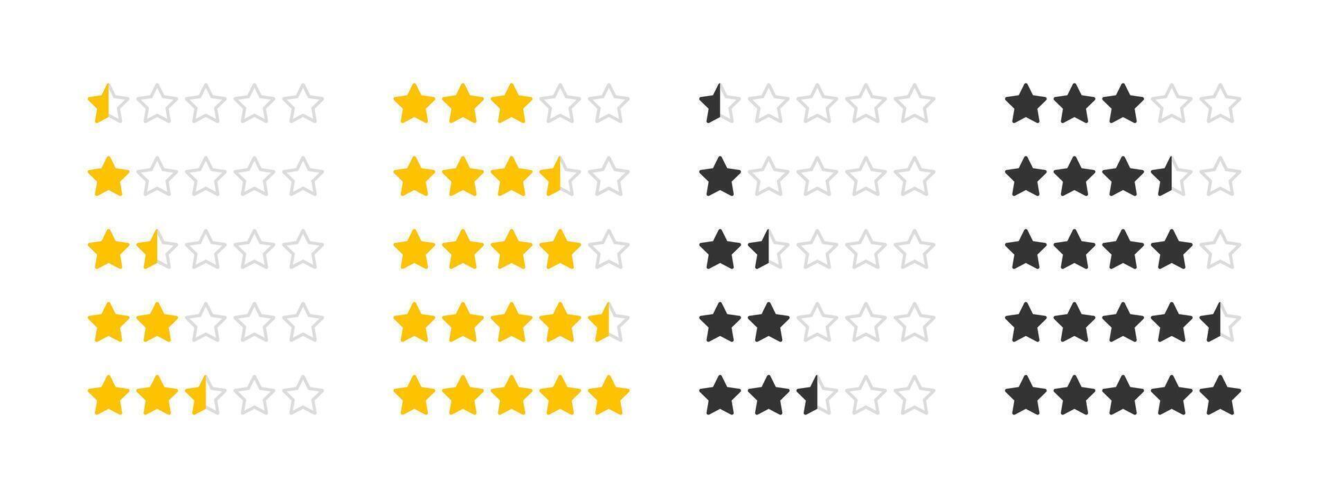 5 stars rating review interface template icon set. Half star ranking sample illustration. Quality review symbol with transparent stars. Feedback 5 star sign. Gold five stars collection vector