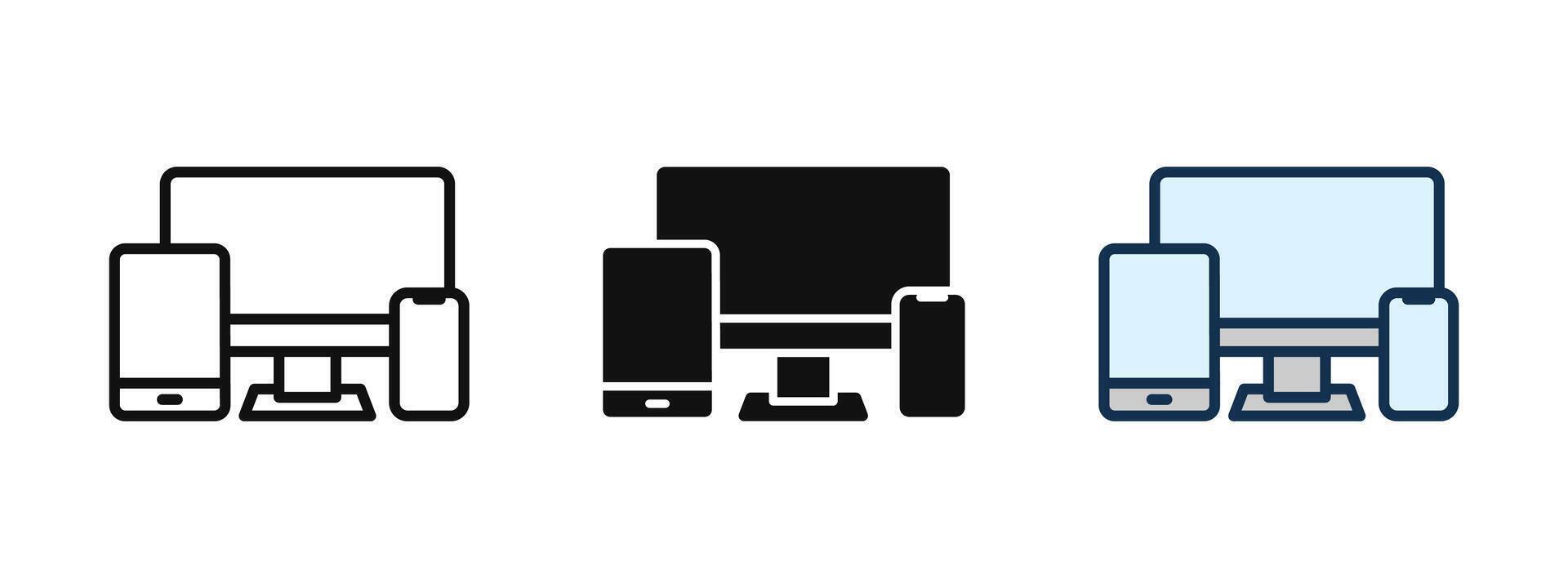 Responsive design icon. Electronic devices icon set. Computer, laptop, tablet, phone symbol. Desktop and mobile display sign. Devices monitor screen illustration. Electronics concept vector