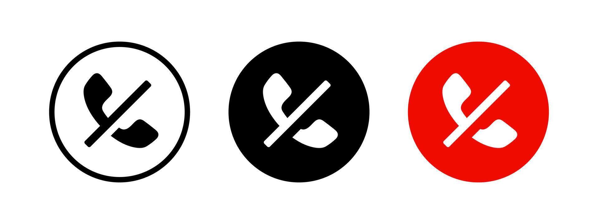 Blocked call icon set. Reject a call symbol. Decline call button. Mobile phone communication disconnect sign. Mute sound pictogram. Block phone circle round illustration. vector