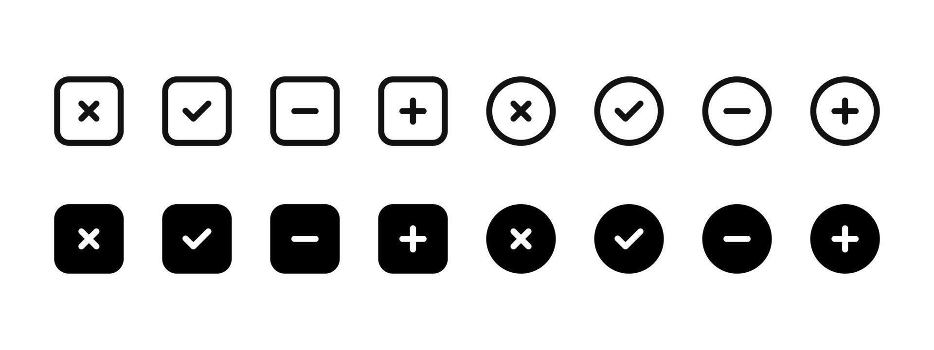 Plus and minus math icon set. Checkmark and cross symbol. Accept and reject buttons. Positive and negative sign. Yes and No pictogram collection. Mathematics calculator buttons illustration. vector