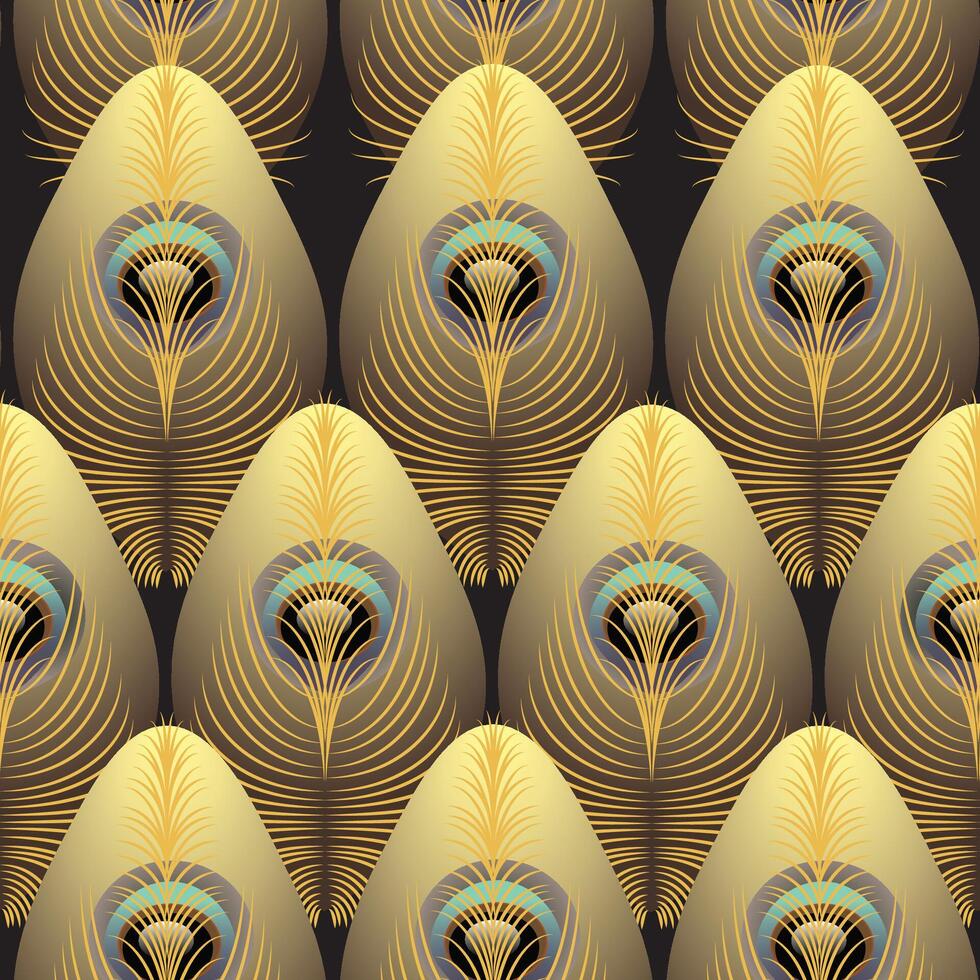 Elegant peacock feather-inspired pattern in gold and black tones, perfect for luxurious digital wallpapers, fabric prints, and product packaging. Rich and bold. vector