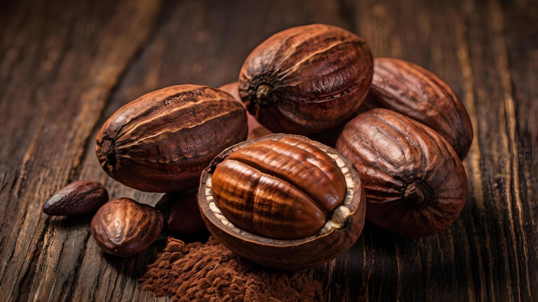 some roasted cocoa cacao beans on wooden background photo