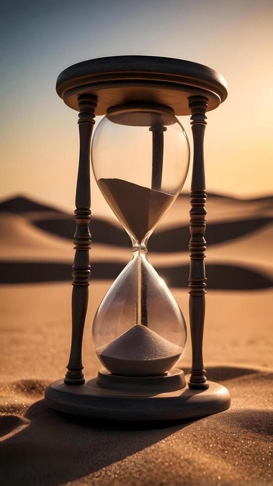 Antique Fast Hourglass wooden yellow sand clock timer in the desert photo