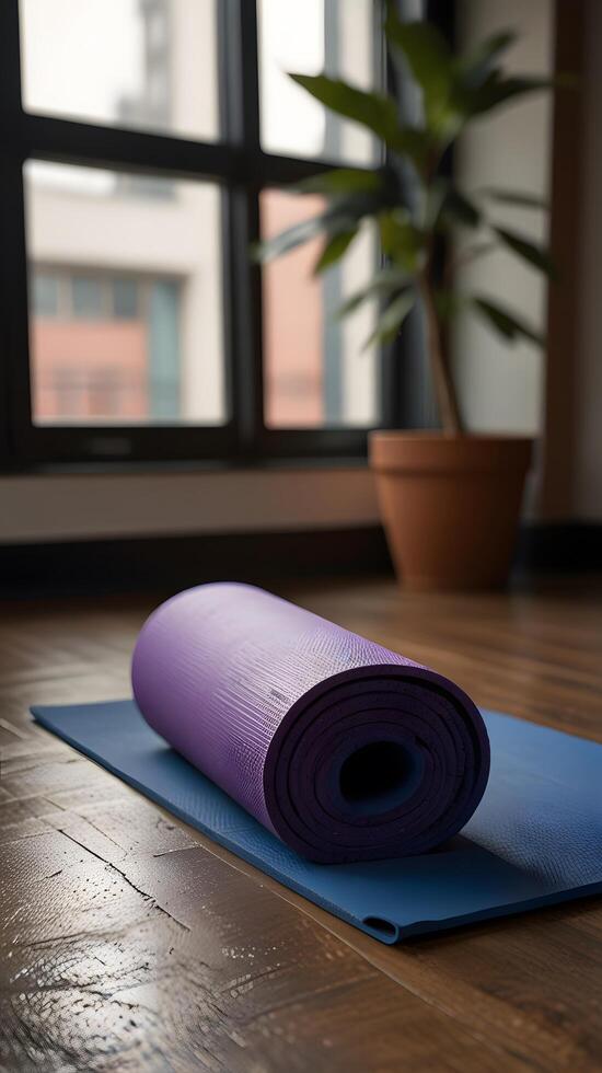 purple pilates fitness yoga mat for exercise in the gym photo